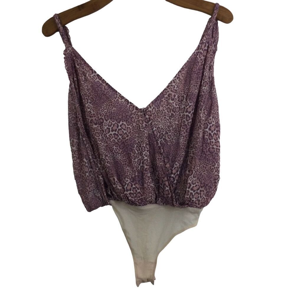 Free People Womens Cheetah Print Sleeveless Bodysuit Top Mauve Cream Medium NWT
